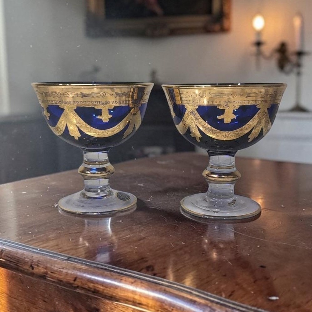 Italian Interglass Cobalt Blue Glass Coupes, Set of 2, Vintage Serving Bowls